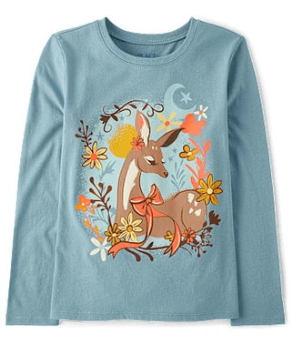 Girls Floral Deer Graphic Tee