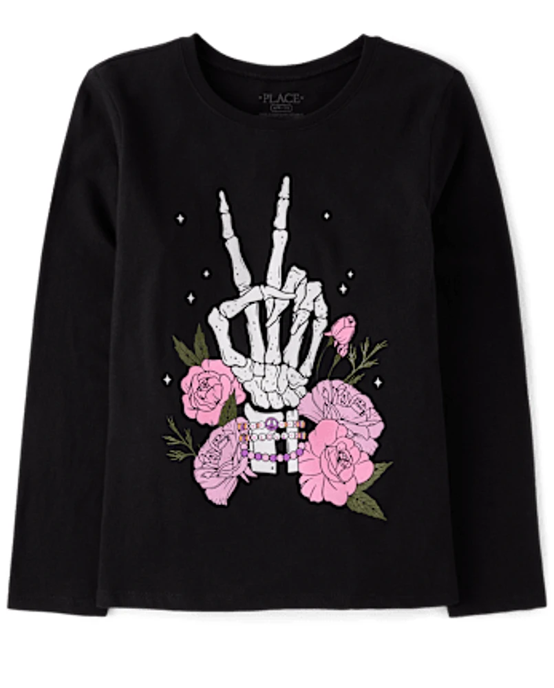 Girls Glow Skeleton Peace Graphic Tee