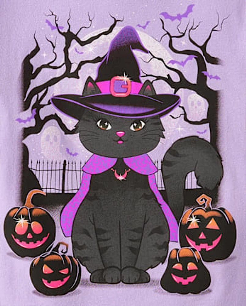 Girls Witch Cat Graphic Tee