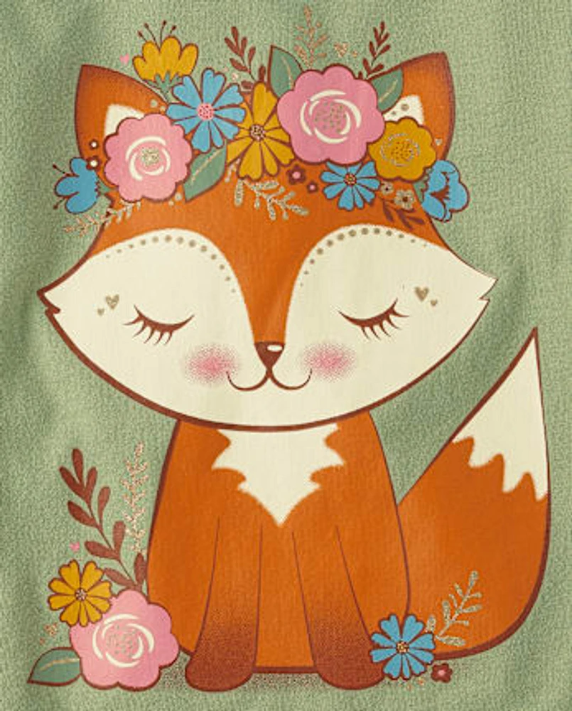 Baby And Toddler Girls Flower Crown Fox Graphic Tee