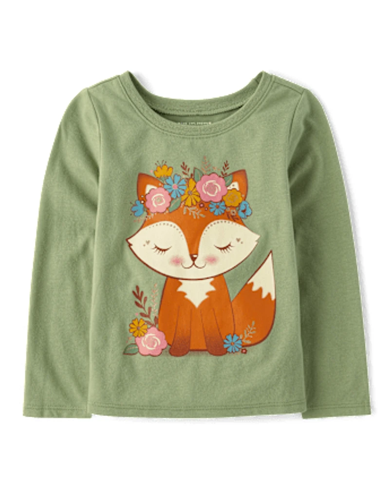 Baby And Toddler Girls Flower Crown Fox Graphic Tee