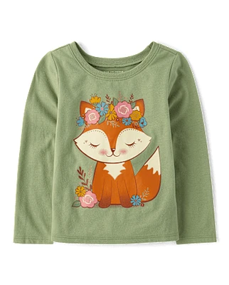 Baby And Toddler Girls Flower Crown Fox Graphic Tee