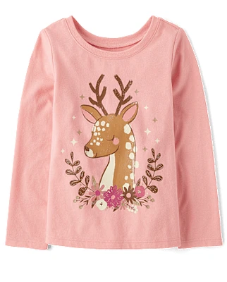 Baby And Toddler Girls Floral Deer Graphic Tee