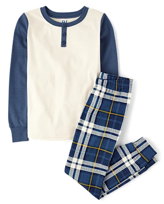 Boys Plaid Snug Fit Cotton Henley Pajamas