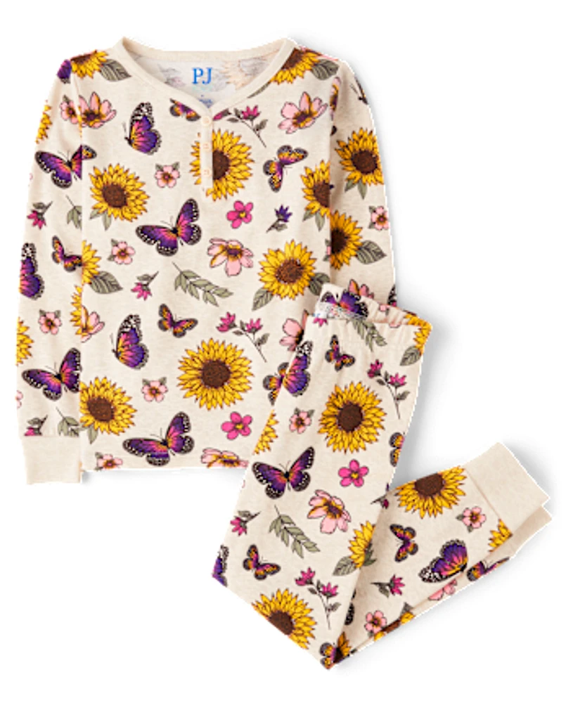 Girls Floral Butterfly Snug Fit Cotton Henley Pajamas