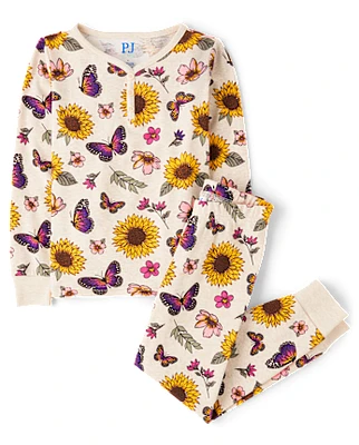 Girls Floral Butterfly Snug Fit Cotton Henley Pajamas
