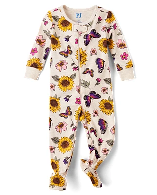 Baby And Toddler Girls Sunflower Snug Fit Cotton Footed One Piece Pajamas