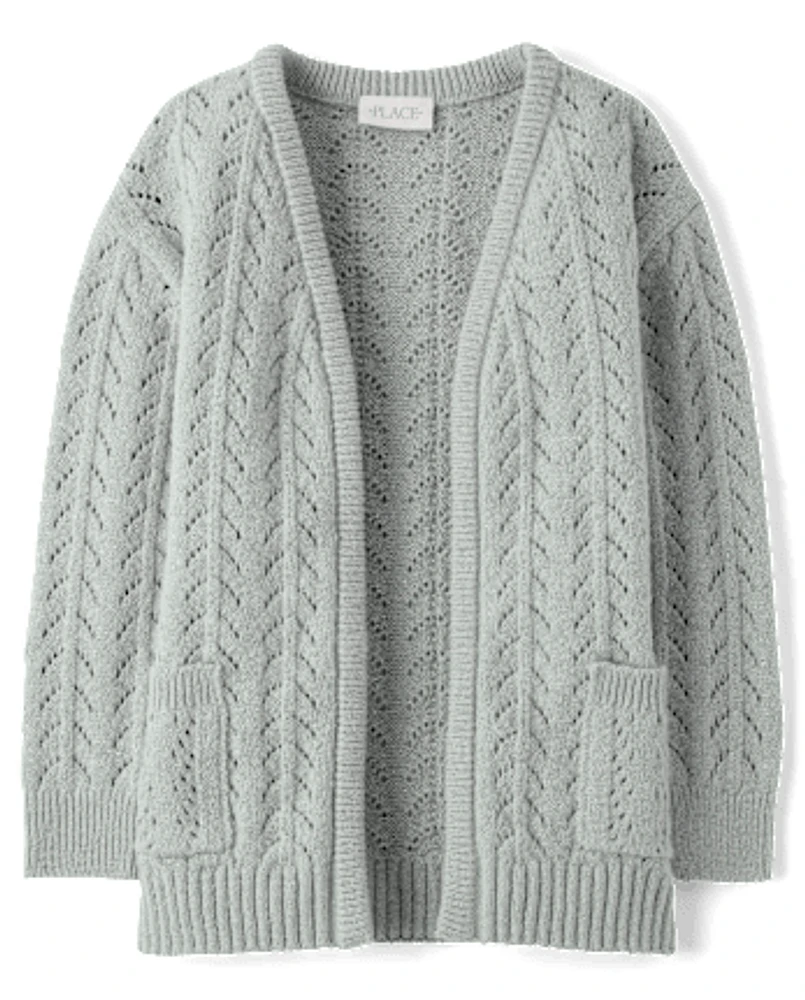 Girls Metallic Stitched Open Front Cardigan