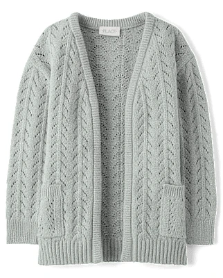 Girls Metallic Stitched Open Front Cardigan