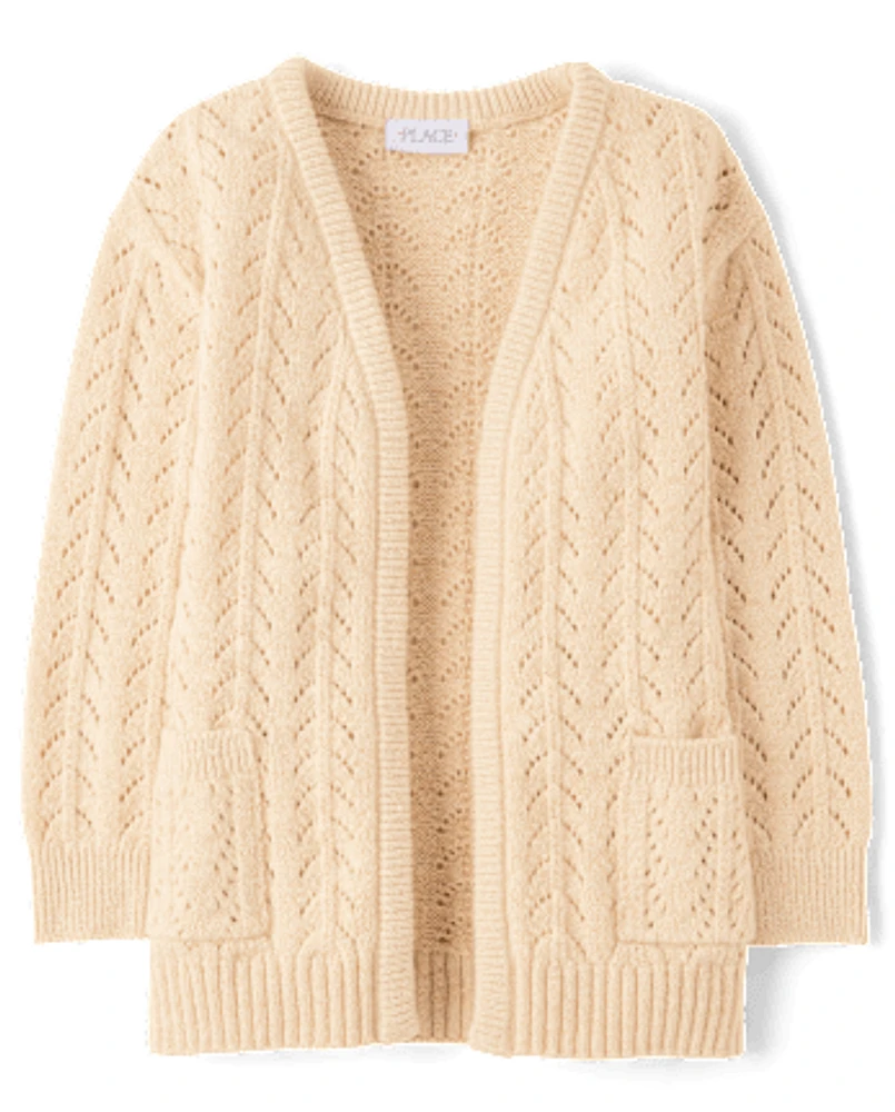 Girls Metallic Stitched Open Front Cardigan