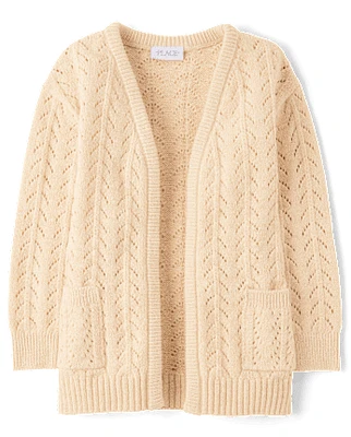 Girls Metallic Stitched Open Front Cardigan