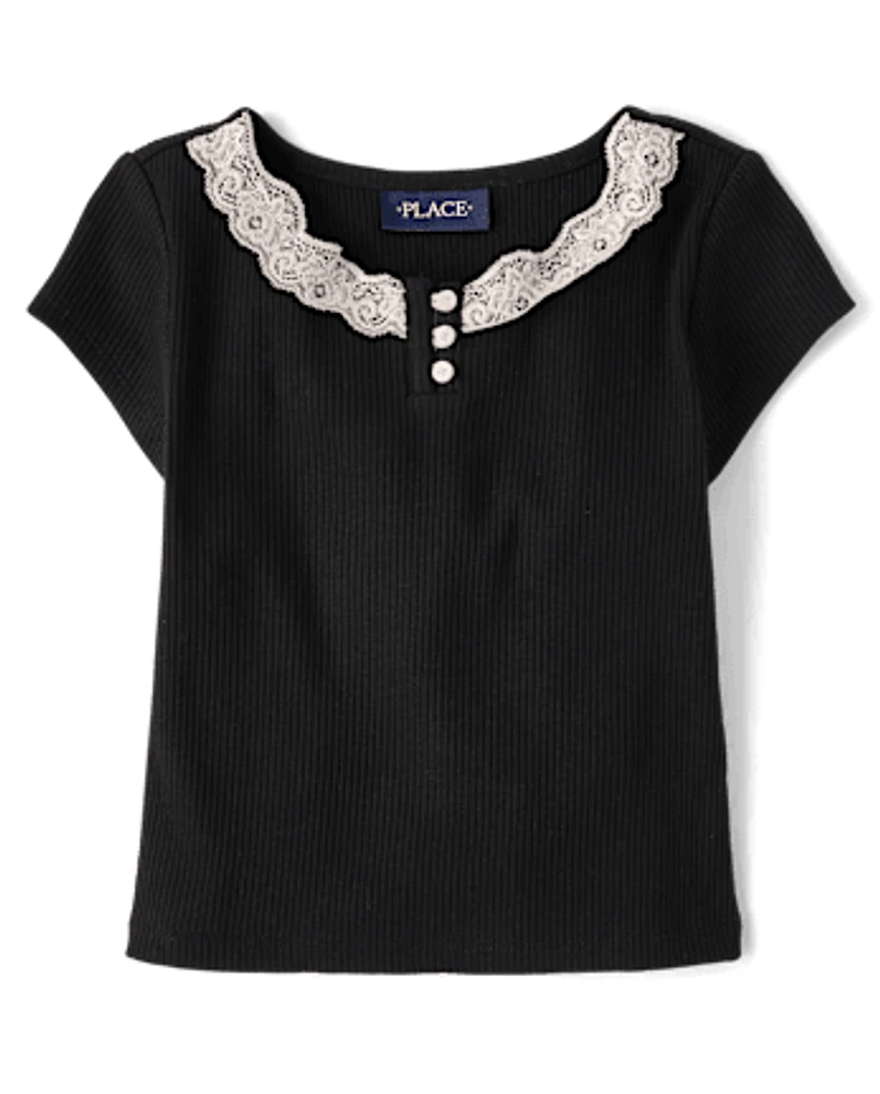 Girls Ribbed Lace Henley Top