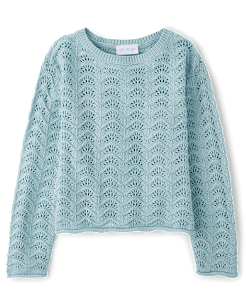 Girls Scalloped Pointelle Sweater