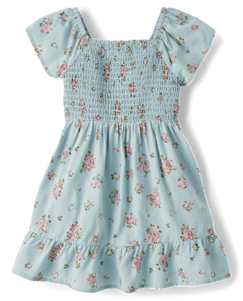 Toddler Girls Floral Smocked Ruffle Dress