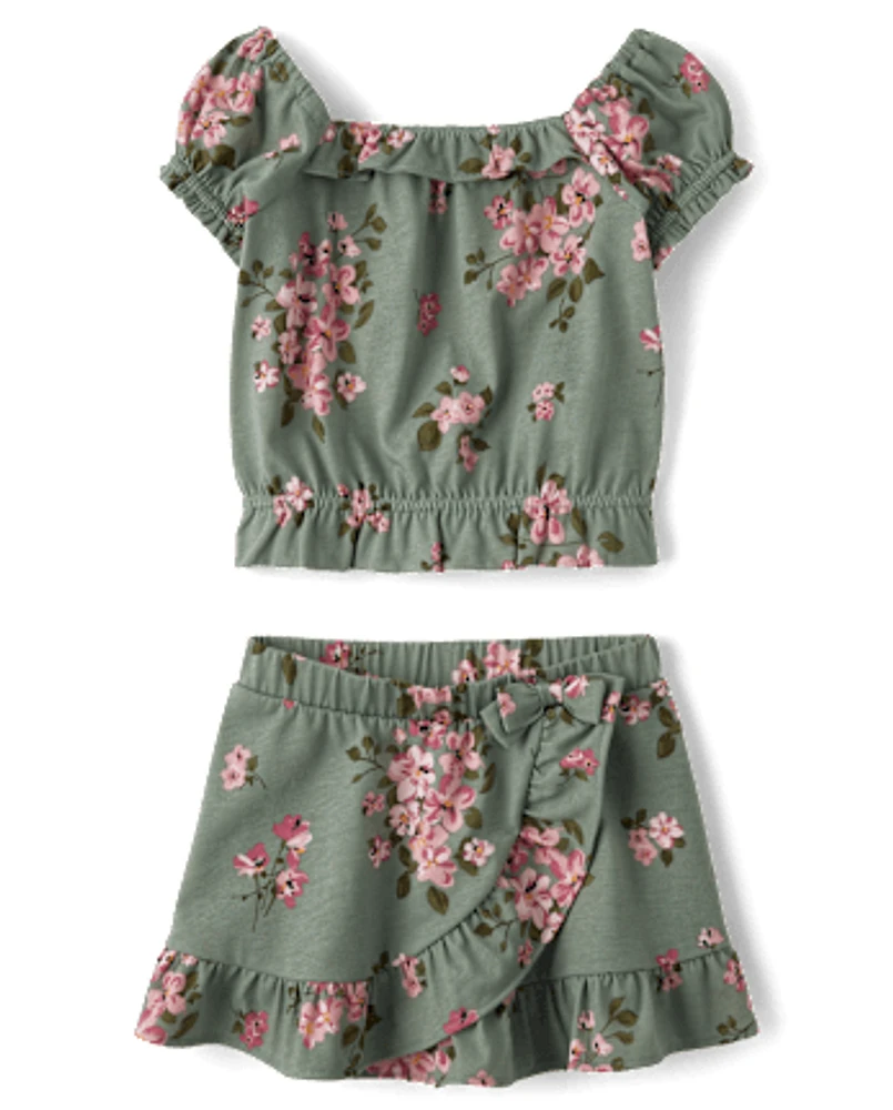Ensemble 2 pièces à volants et fleurs pour petite fille