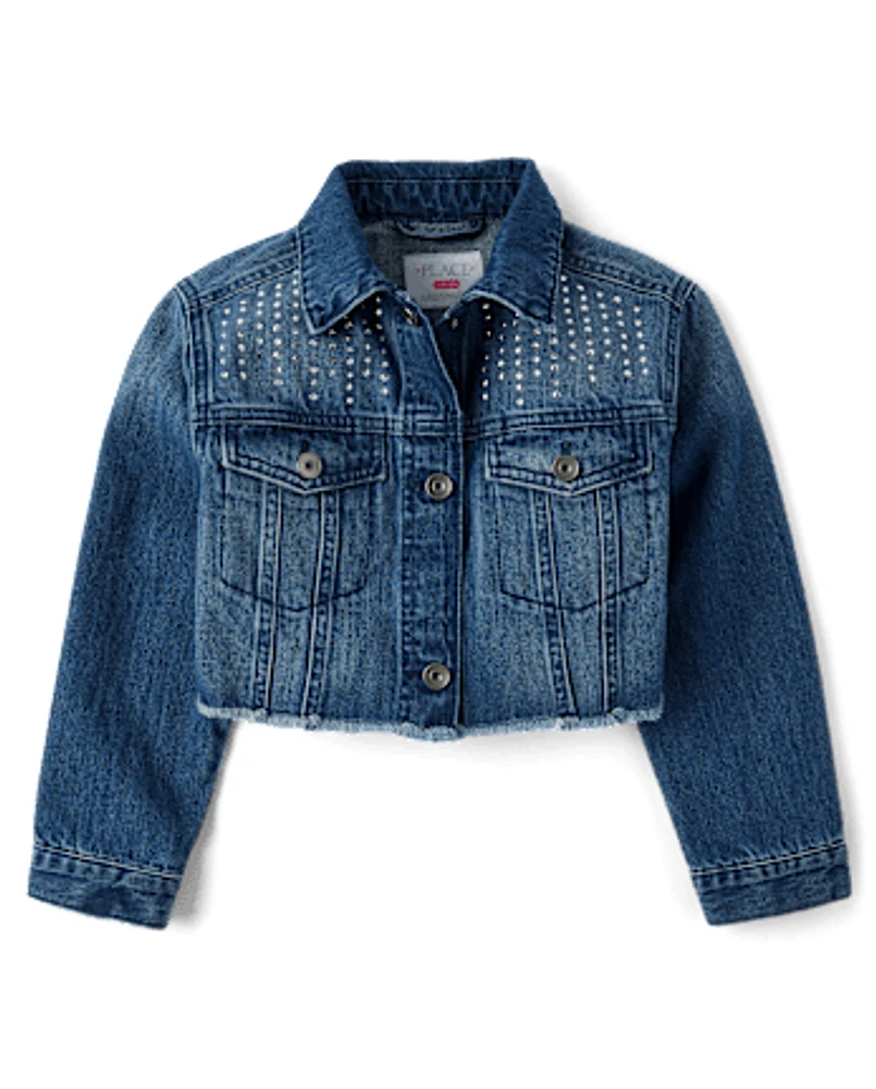 Girls Rhinestone Studded Denim Jacket