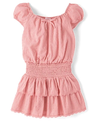 Girls Clip Dot Smocked Tiered Dress