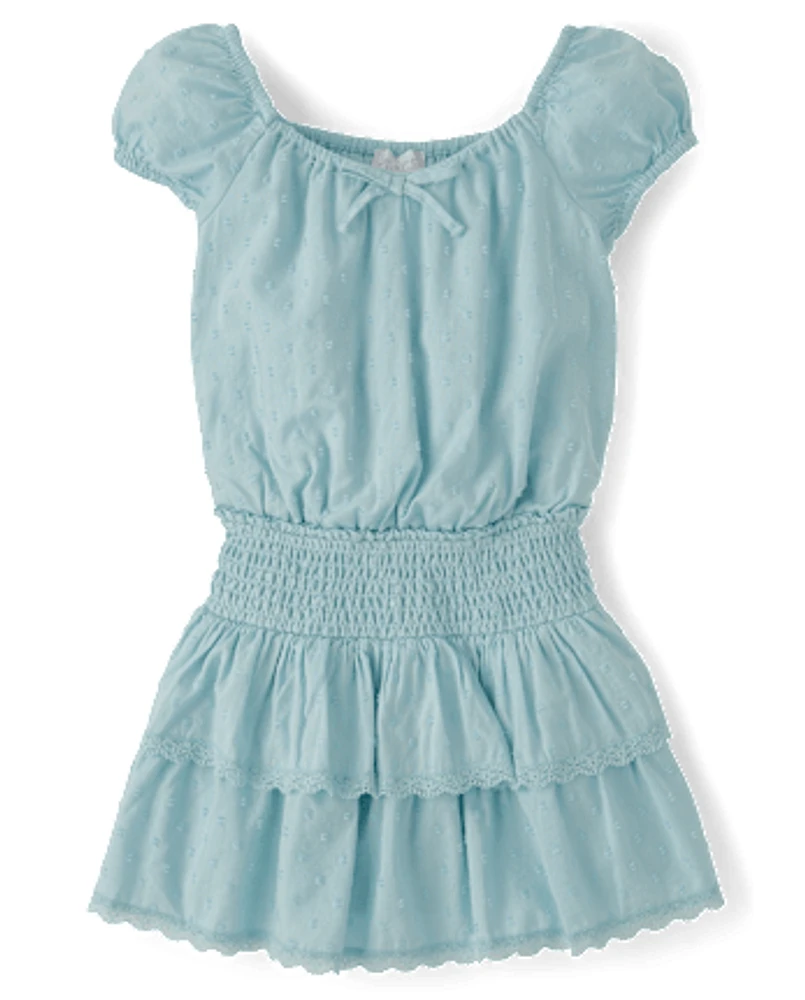 Girls Clip Dot Smocked Tiered Dress