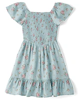 Girls Floral Smocked Ruffle Dress