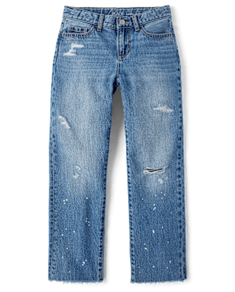 Girls Paint Splatter Ripped Slouchy Jeans