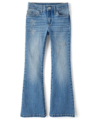 Girls Rhinestone Star High Rise Flare Jeans