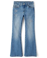 Girls Rhinestone Star High Rise Flare Jeans