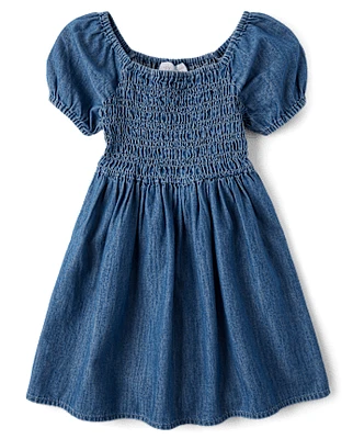 Girls Chambray Smocked Dress
