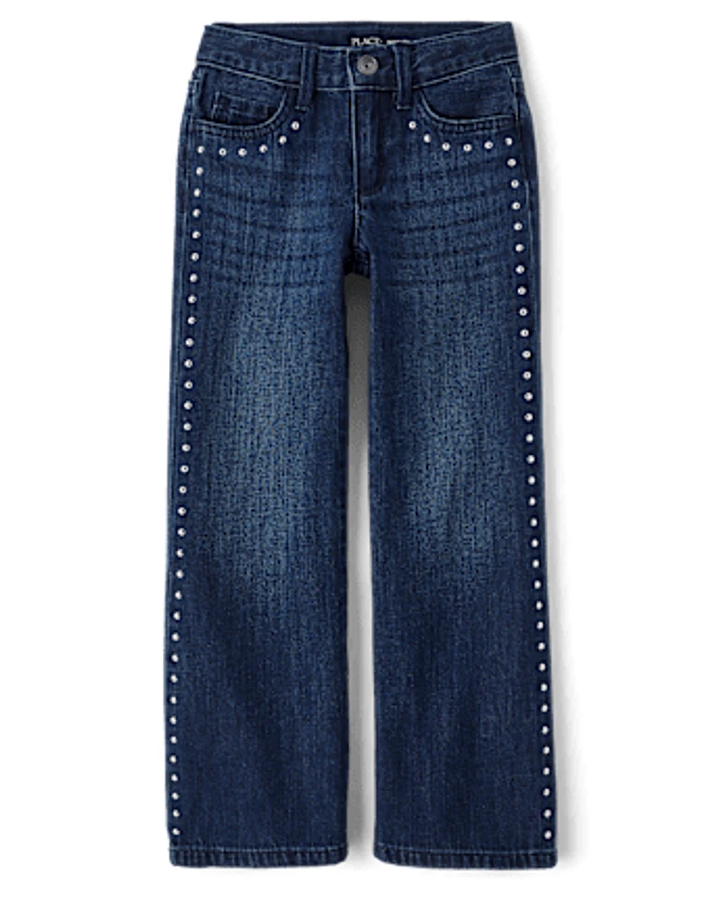 Girls Studded Wide Leg Jeans
