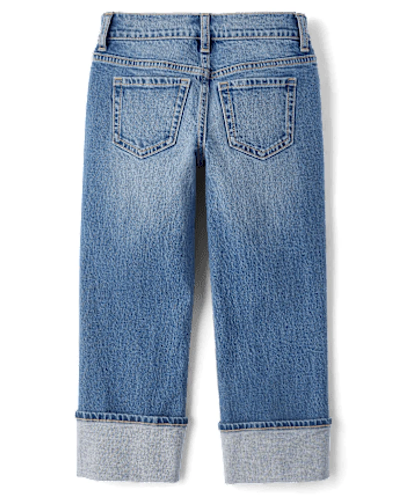 Girls Ripped Roll Cuff Straight Jeans