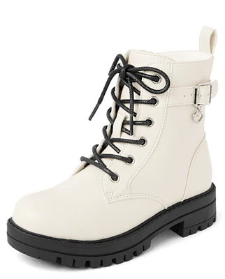 Girls Heart Charm Combat Boots