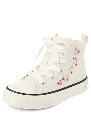Girls Embroidered Floral High Top Sneakers