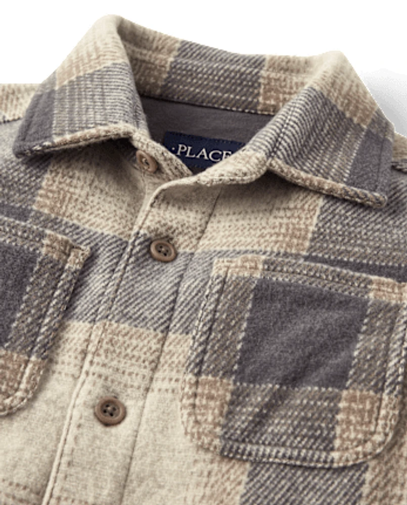 Kids Cozy Plaid Knit Button Up Shirt