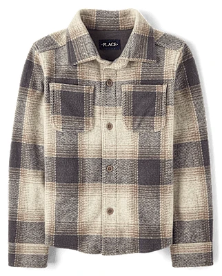 Kids Cozy Plaid Knit Button Up Shirt