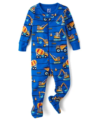 Baby And Toddler Boys Construction Vehicles Snug Fit Cotton Footed One Piece Pajamas