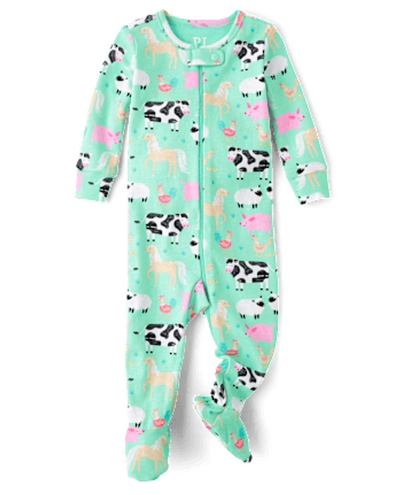 Baby And Toddler Girls Farm Animal Snug Fit Cotton Footed One Piece Pajamas