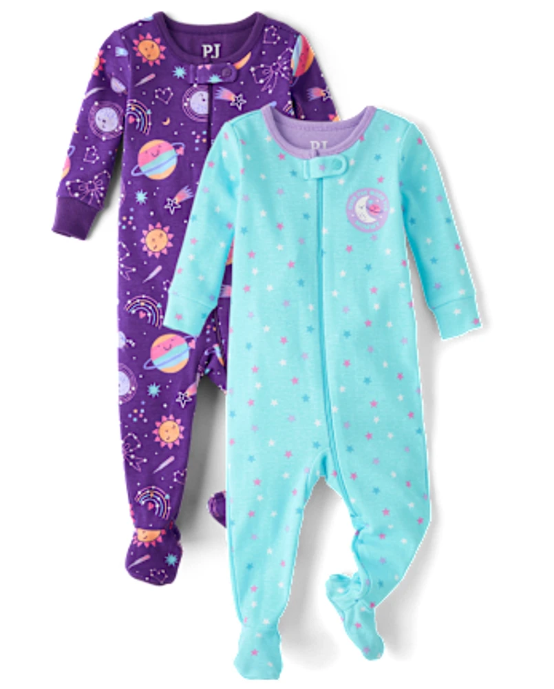 Baby And Toddler Girls Space Snug Fit Cotton Footed One Piece Pajamas 2-Pack