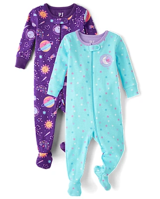 Baby And Toddler Girls Space Snug Fit Cotton Footed One Piece Pajamas 2-Pack