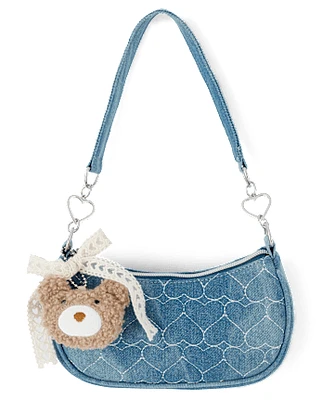 Girls Quilted Heart Denim Shoulder Bag