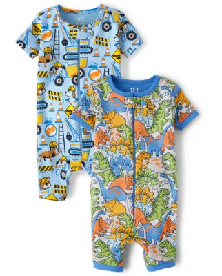 Baby And Toddler Boys Dino Construction Dog Snug Fit Cotton One Piece Pajamas 2-Pack