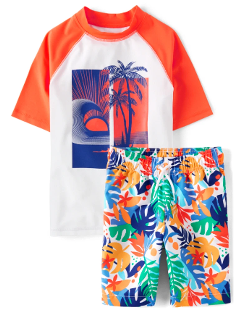 Boys Palm Tree Rashguard Swimsuit