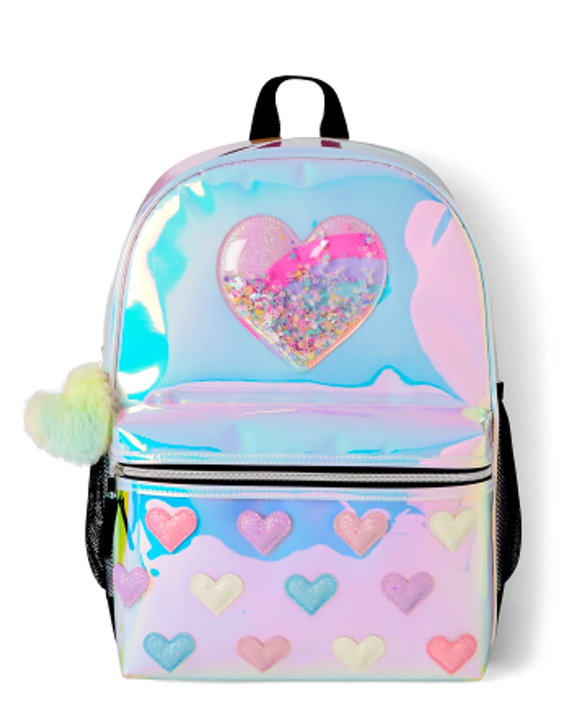 Girls Holographic Shakey Heart Backpack 3-Piece Set