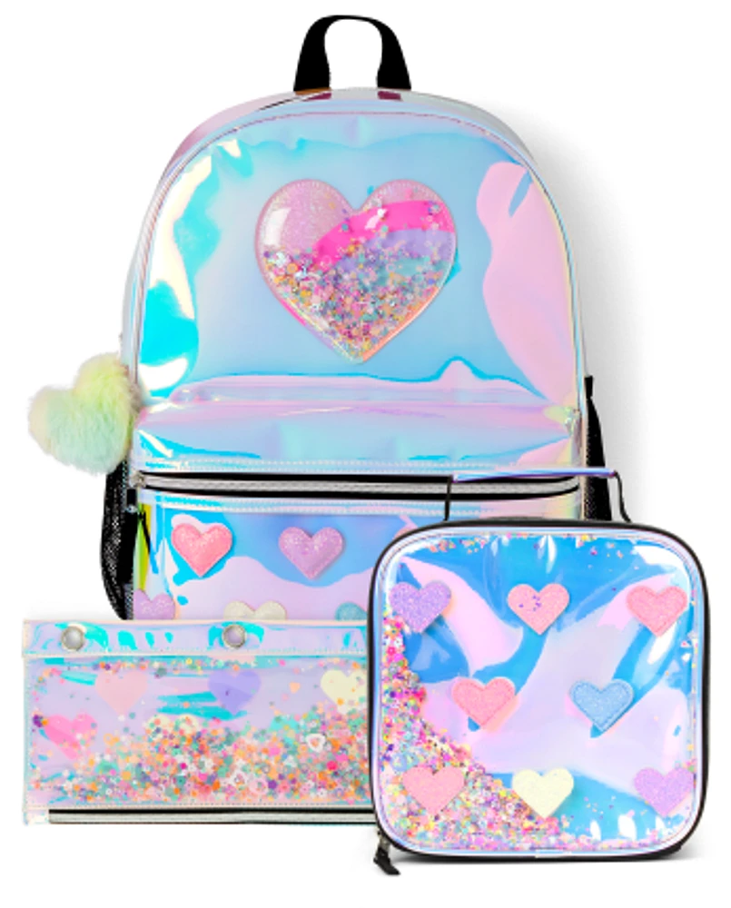 Girls Holographic Shakey Heart Backpack 3-Piece Set