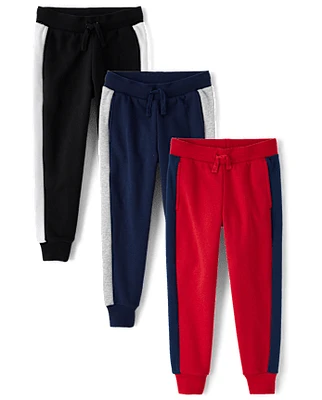 Boys Side Stripe Fleece Jogger Pants 3-Pack