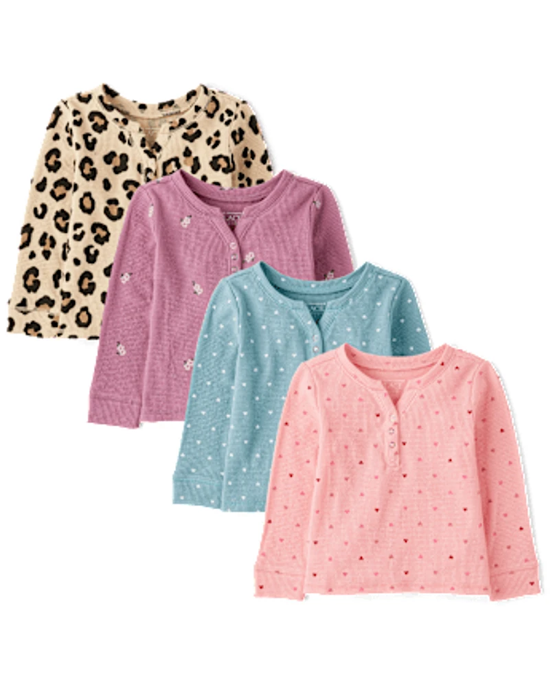 Baby And Toddler Girls Print Thermal Henley Top 4-Pack