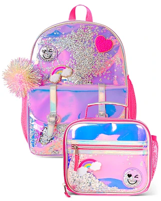 Girls Holographic Shakey Happy Face Backpack 2-Piece Set