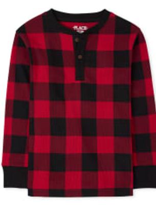 Boys Buffalo Plaid Thermal Henley Top - classicred