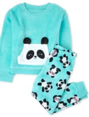 Girls Panda Fleece Pajamas - bay breeze