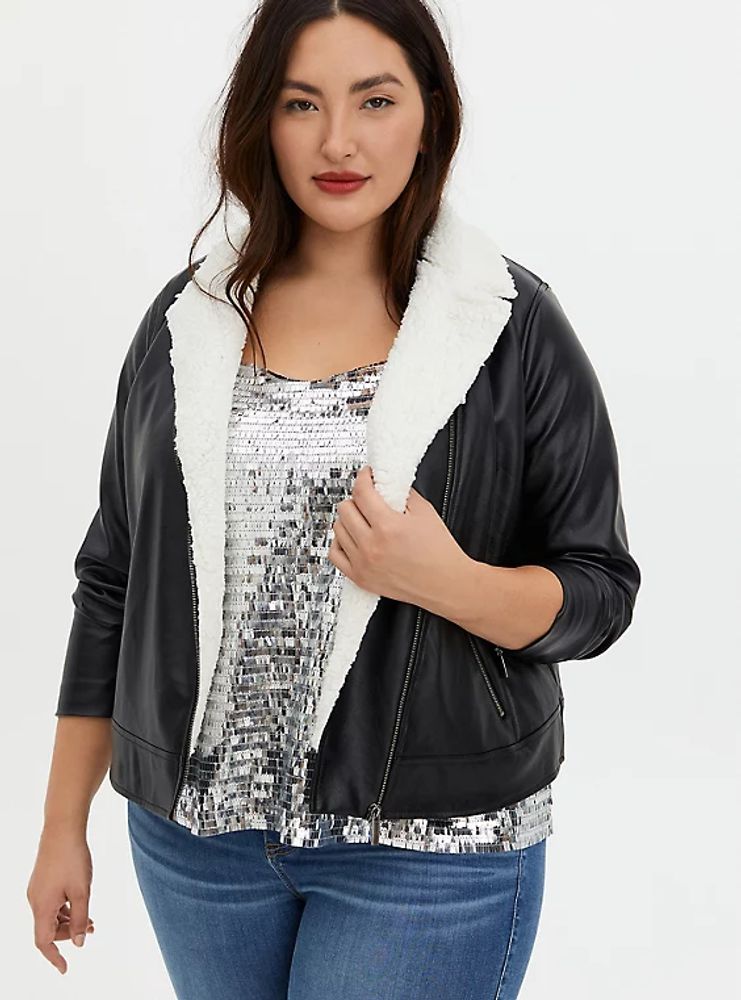 Sherpa Lined Moto Jacket Faux Leather 