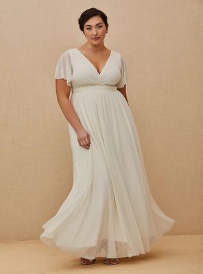 Plus - Ivory Mesh Flutter Sleeve Empire Wedding Dress Torrid