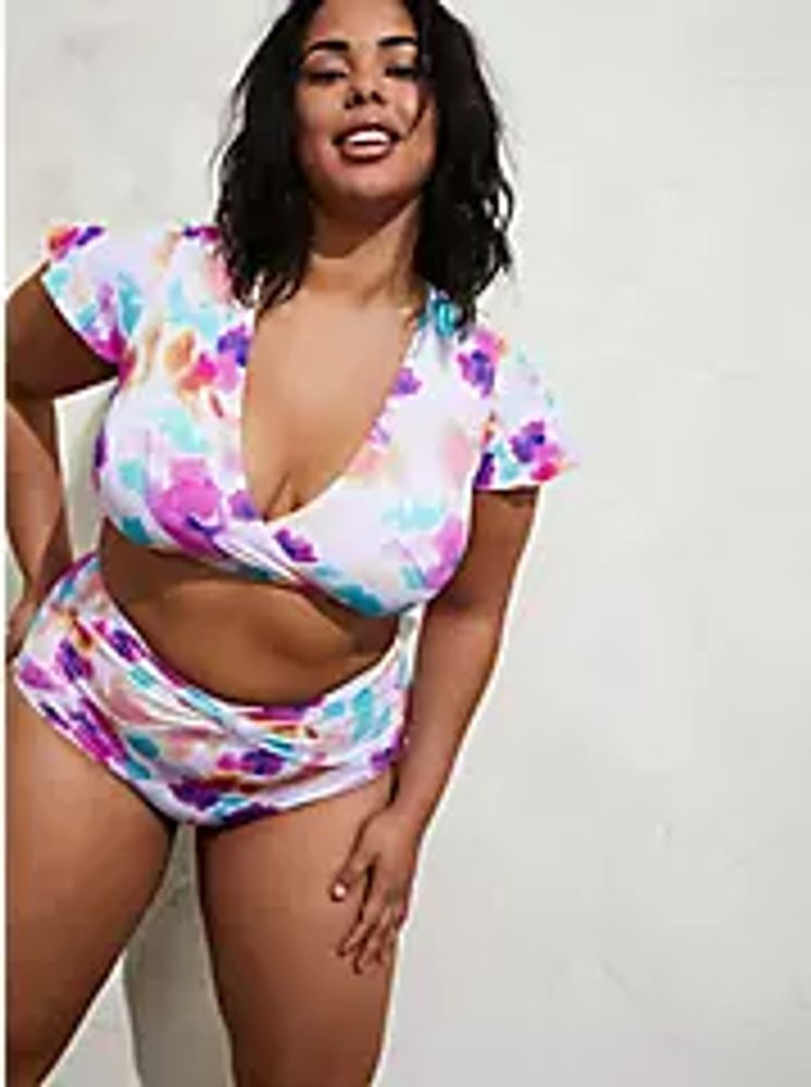 Multi Watercolor Floral Wireless Short Sleeve Bikini Top